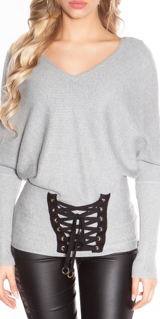 Trendy bat sweater with lacing Grey